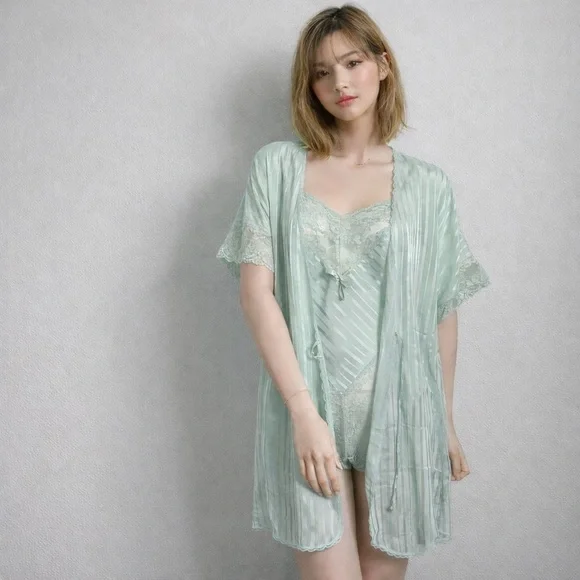 Vintage Mint Green Sheer Lace Robe & Lingerie Set | Coquette Boudoir Peignoir M - Picture 1 of 11